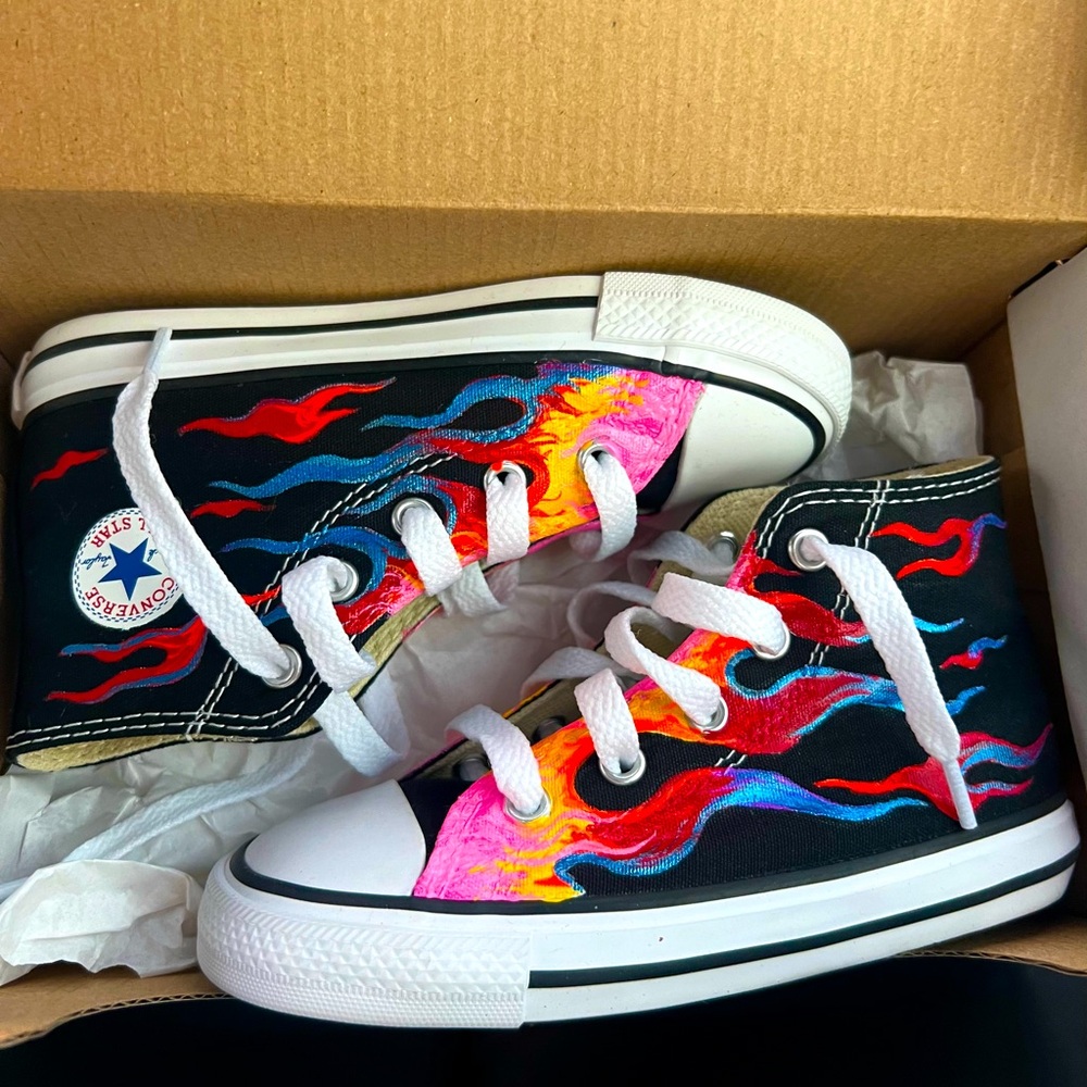 Black Converse Chuck Taylor designed w/hand painted flames in toddler sizes 4-10